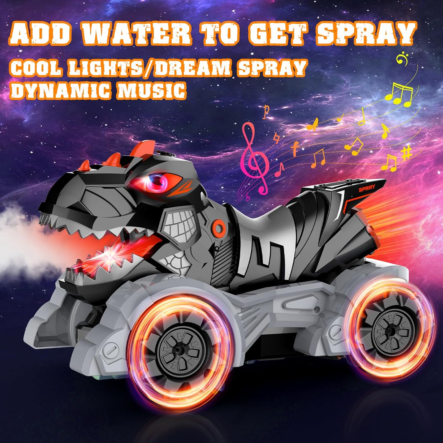 Autos RC Juguetes de dinosaurio, 114, 2.4 GHz, auto de control remoto, camiones monstruos con música ligera y aerosol, 1200 mAh recargable RC
