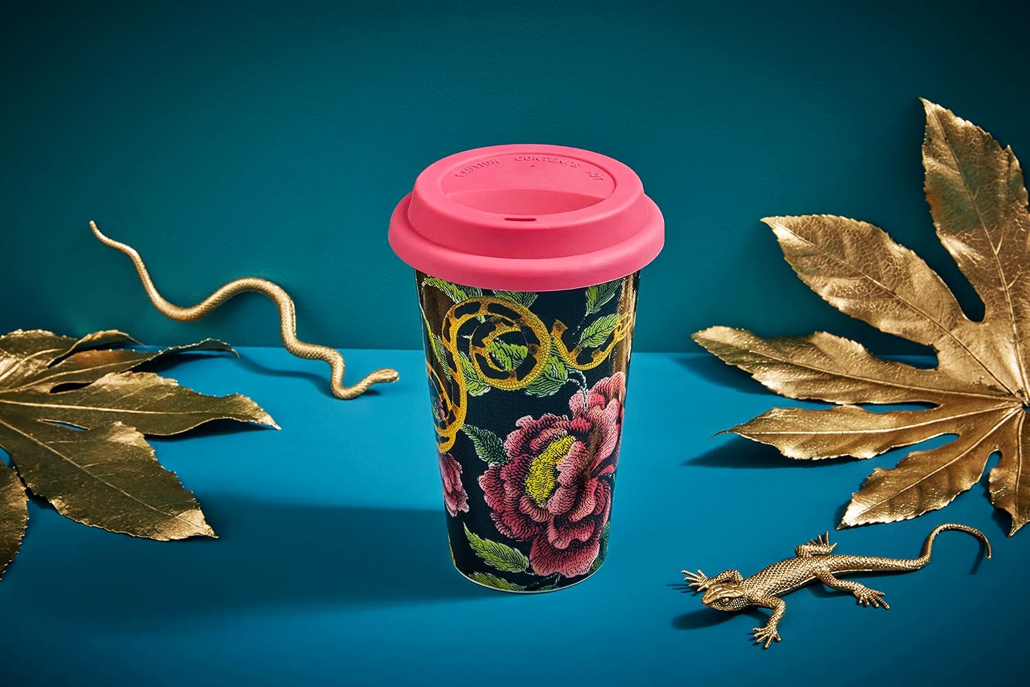 Spode Creatures of Curiosity Collection – Taza de viaje con tapa, vaso para café y té, taza de agua, 10 onzas, diseño floral oscuro, apto para
