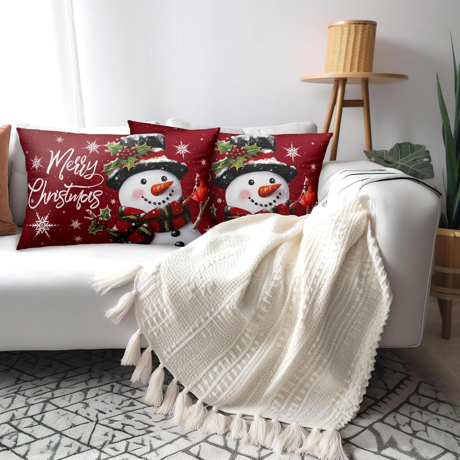 Juego de 2 fundas de almohada de Navidad con diseño de muñeco de nieve de invierno, fundas de almohada de algodón, fundas de almohada decorativas