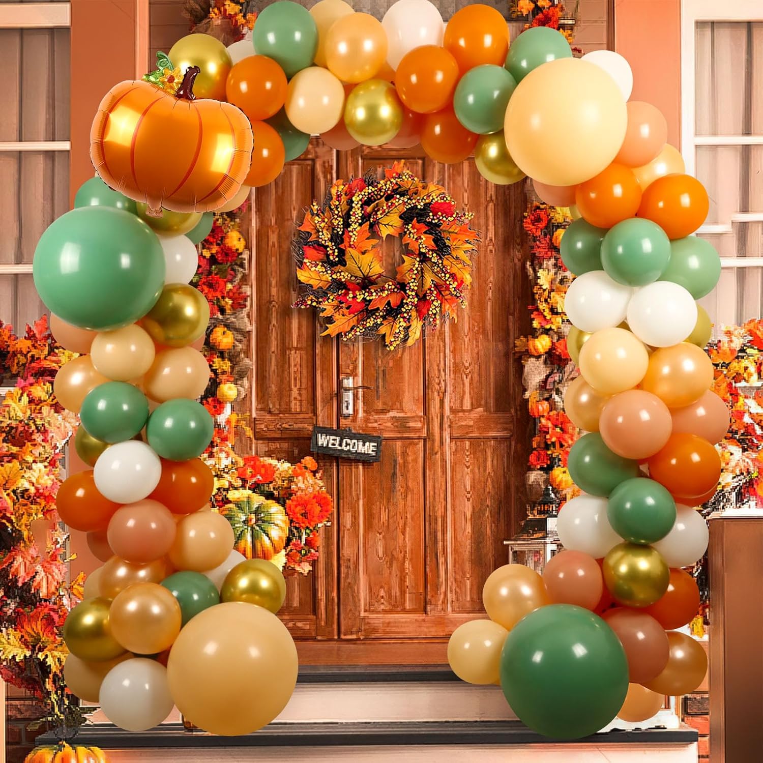 Kit de guirnalda de arco de globos de otoño, 18 pulgadas, 10 pulgadas, 5 pulgadas, retro, verde, naranja quemado, dorado, decoraciones de otoño para
