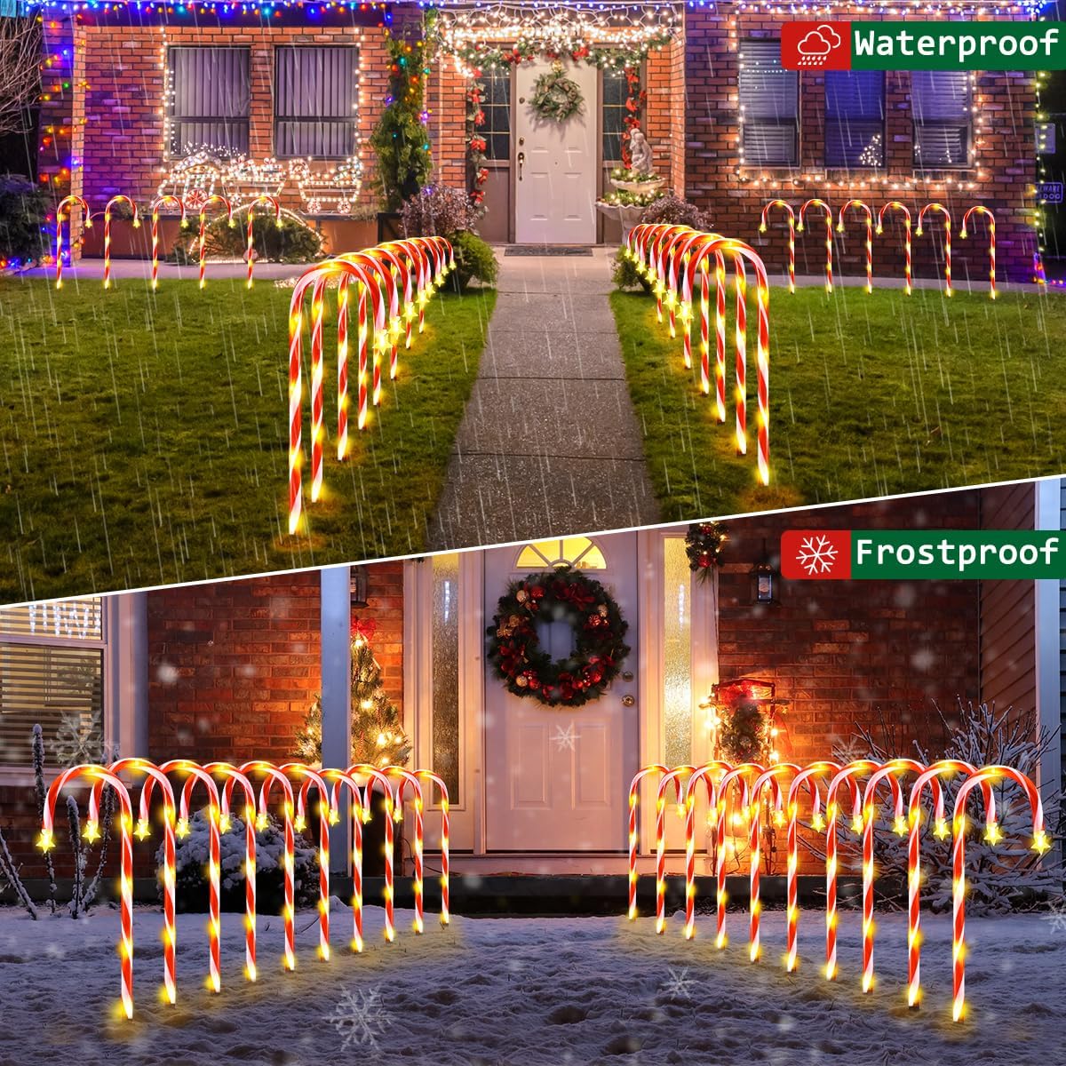24 decoraciones navideñas para exteriores, 144 luces LED solares de bastón de caramelo para decoración de Navidad, 8 modos de luces solares de