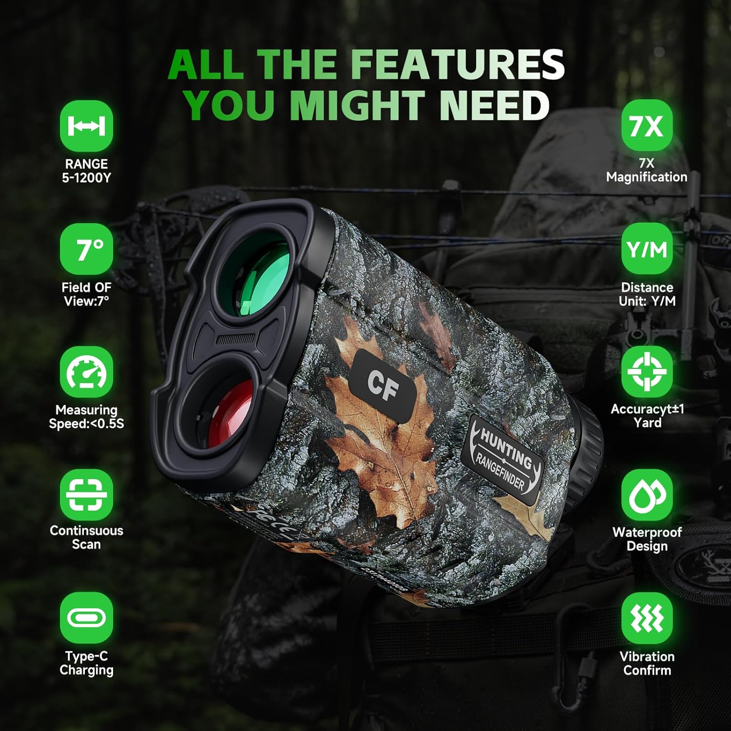 GolfHunting Rangefinder 7X Magnification 1200Y Waterproof Rangefinder, Distance Measurement, Multiple Modes, Lightweight, for Hunting, Golf and