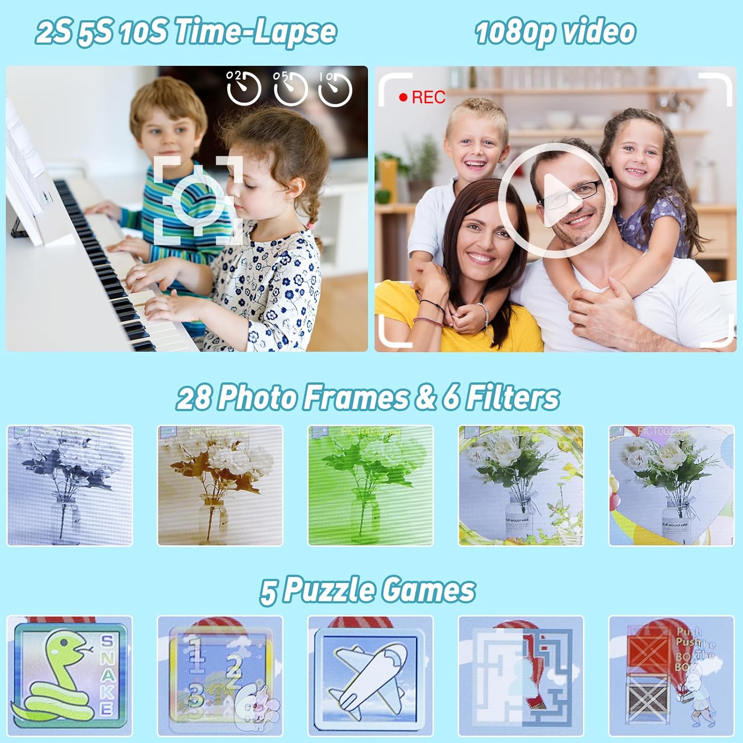 DEWEL Cámara para niños, cámara de juguete, cámara para niños, cámara de video digital selfie HD 1080P para niñosniñas, mini videocámara para niños