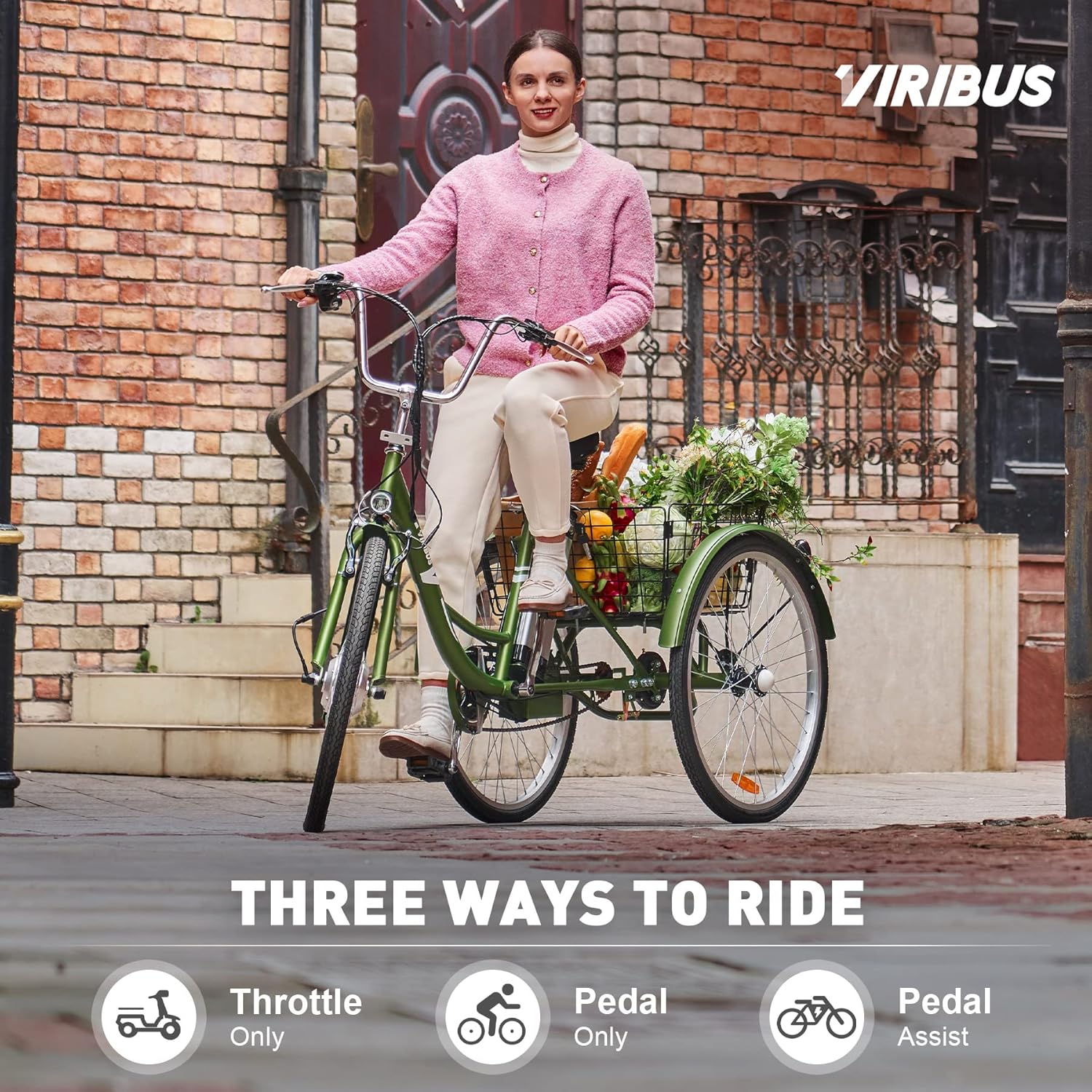 Viribus Triciclo eléctrico, triciclo eléctrico de 24 26 pulgadas para adultos con batería UL 36 V 13 Ah, motor de 250 W, bicicleta eléctrica de 3