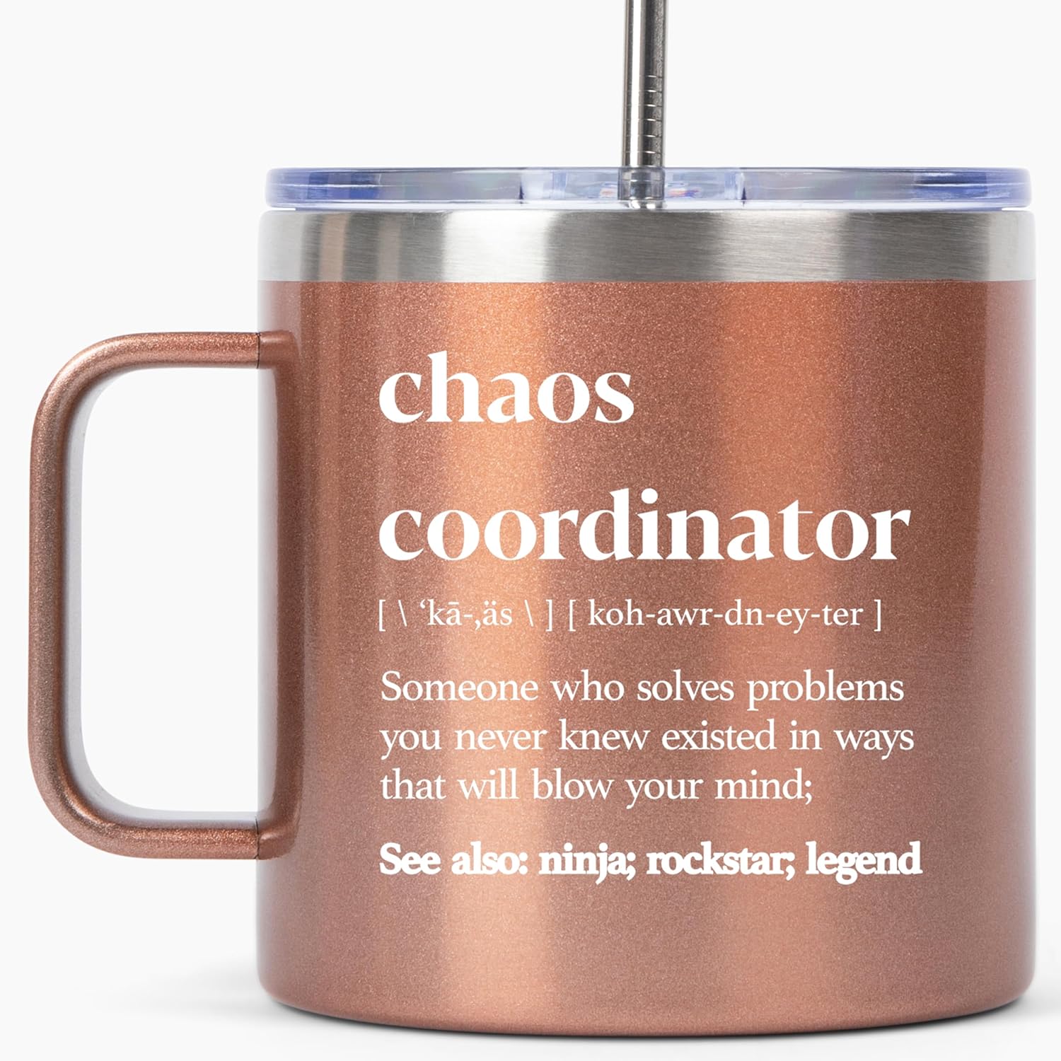 Chaos Coordinator – Taza de oro rosa de 14 onzas, idea de regalo única para mujeres jefas, ella, mejor mamá, compañera de trabajo, gerente de