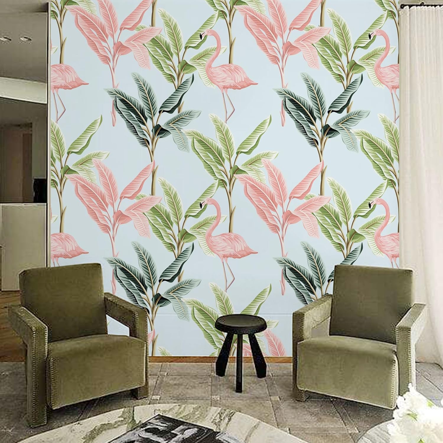 Papel tapiz de flamenco con diseño de pájaros tropicales, removible, floral, hojas verdes, bohemio, fácil de despegar, autoadhesivo, para