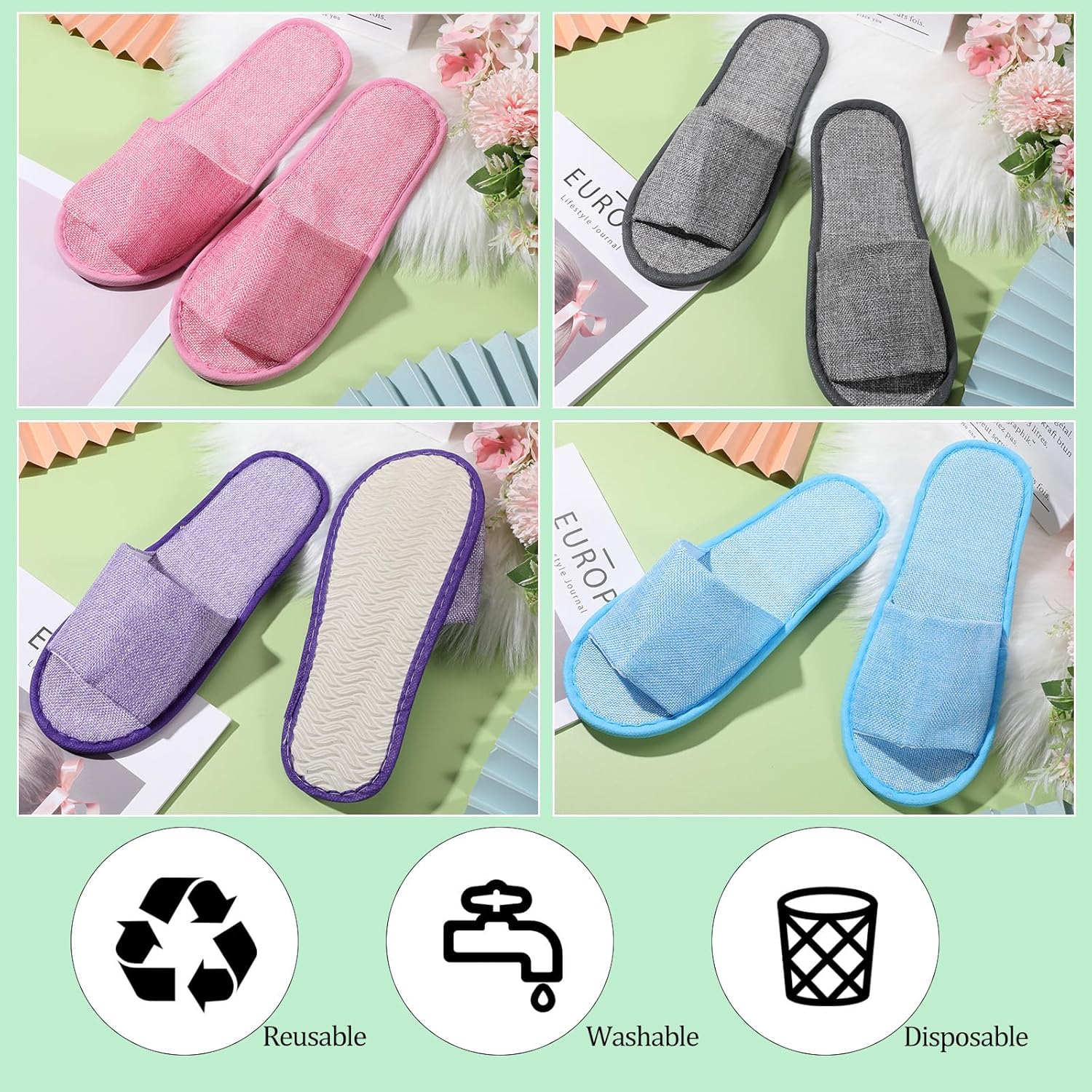 24 pares de pantuflas desechables a granel, antideslizantes, con punta abierta, de algodón, lino, transpirables, para spa, multicolor, para