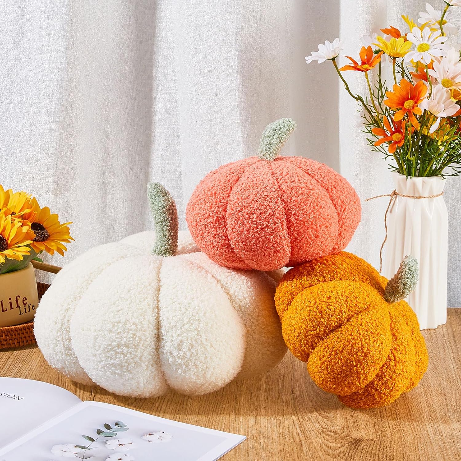 Calabaza de peluche de Halloween con forma 3D decorativa de Acción de Gracias, suave y linda, 11 pulgadas, 7 pulgadas (naranja clásico, blanco,