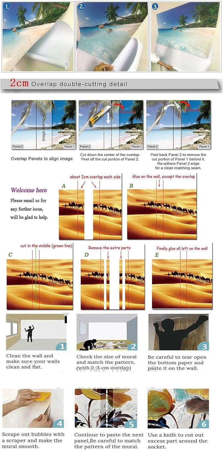 Mural de pared 3D Ocean Beach, paisaje tropical, papel tapiz autoadhesivo extraíble para sala de estar, dormitorio, decoración de pared, 59 pulgadas