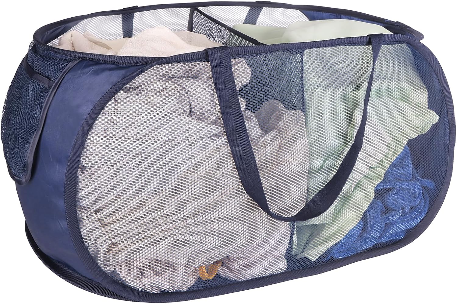 Cesta plegable de malla para lavandería, 2 compartimentos, cesta de lavandería con asas fuertes, fácil de abrir y plegar para dormitorio,