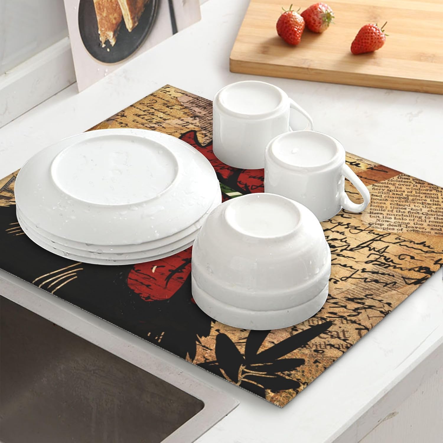 Sriyanka Tapete de secado de platos de gallo para encimera de cocina, granja, café, absorbente, de microfibra, tapete para escurrir platos, tamaño