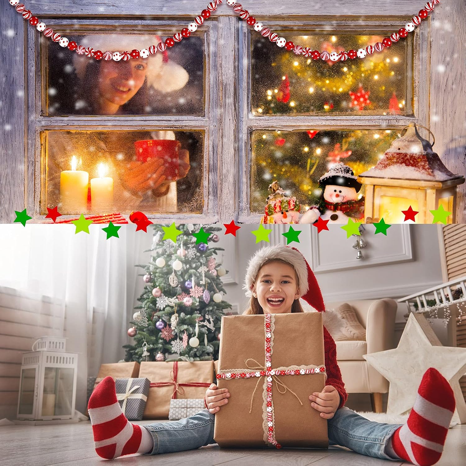 100 cuentas de madera de caña de caramelo de 0.63 pulgadas de Navidad punteadas de madera de rayas coloridas redondas espaciadoras perlas naturales