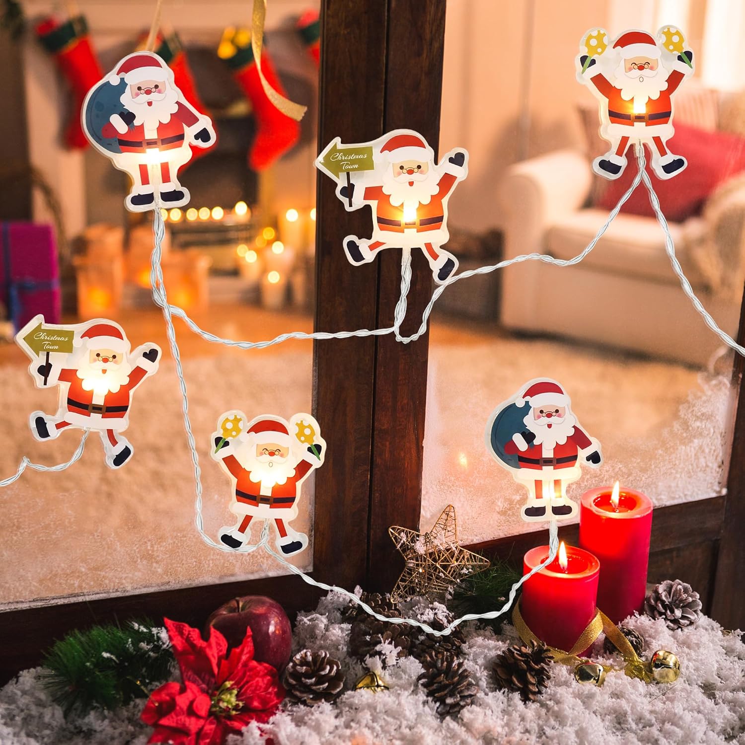 Guirnalda de luces de Navidad, 5.4 pies, 6 luces LED de Papá Noel, luces de hadas para interiores, funciona con pilas, guirnalda de luces LED de