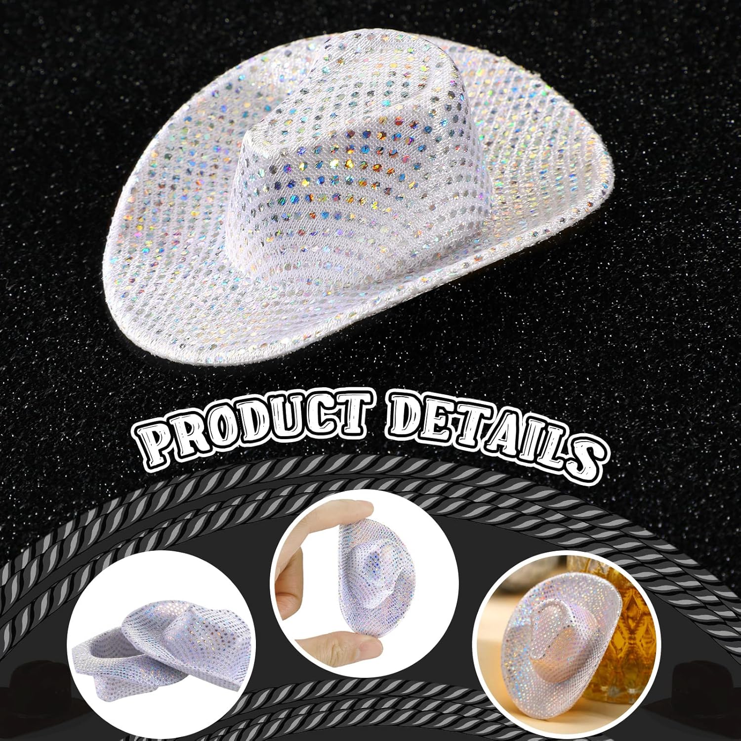 Sotiff Mini sombrero de vaquero de discoteca con luz holográfica espacial para decoración de fiesta de muñeca de fiesta, 12 unidades