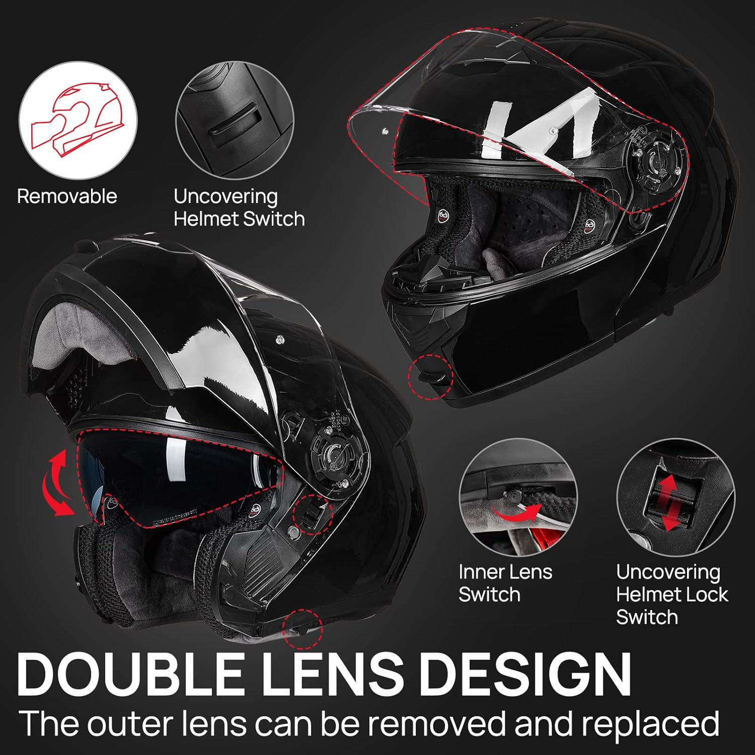 ILM Casco modular de cara completa para motocicleta para adultos, doble visera, aprobado por DOT, modelo 159 (negro brillante, mediano)