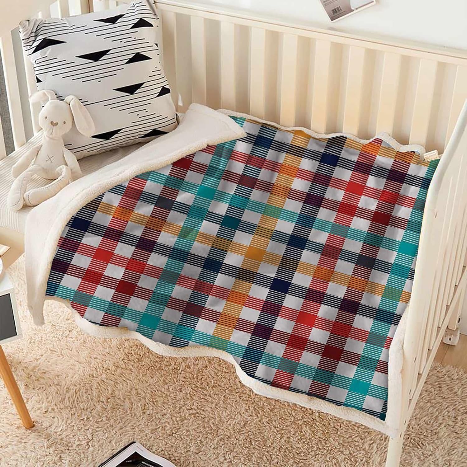 Manta Sherpa a cuadros, tamaño bebé, multicolor, reversible, suave y acogedora, perfecta para cama o sofá, 30 x 40 pulgadas