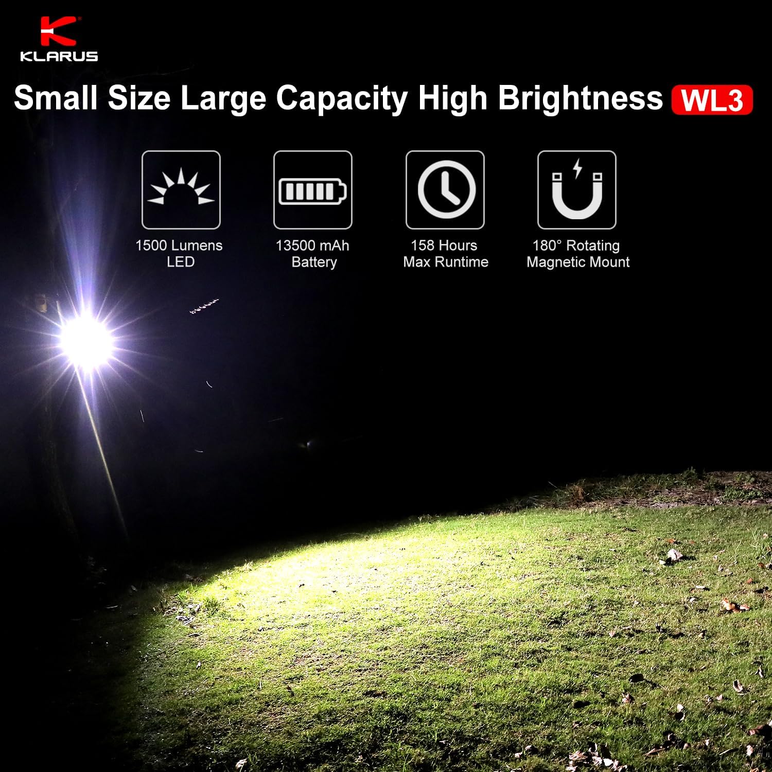 klarus WL3 – Luz de trabajo magnética para campamento, 1500 lúmenes altos, 13500 mAh de alta capacidad, 6 modos de luz, luces LED portátiles