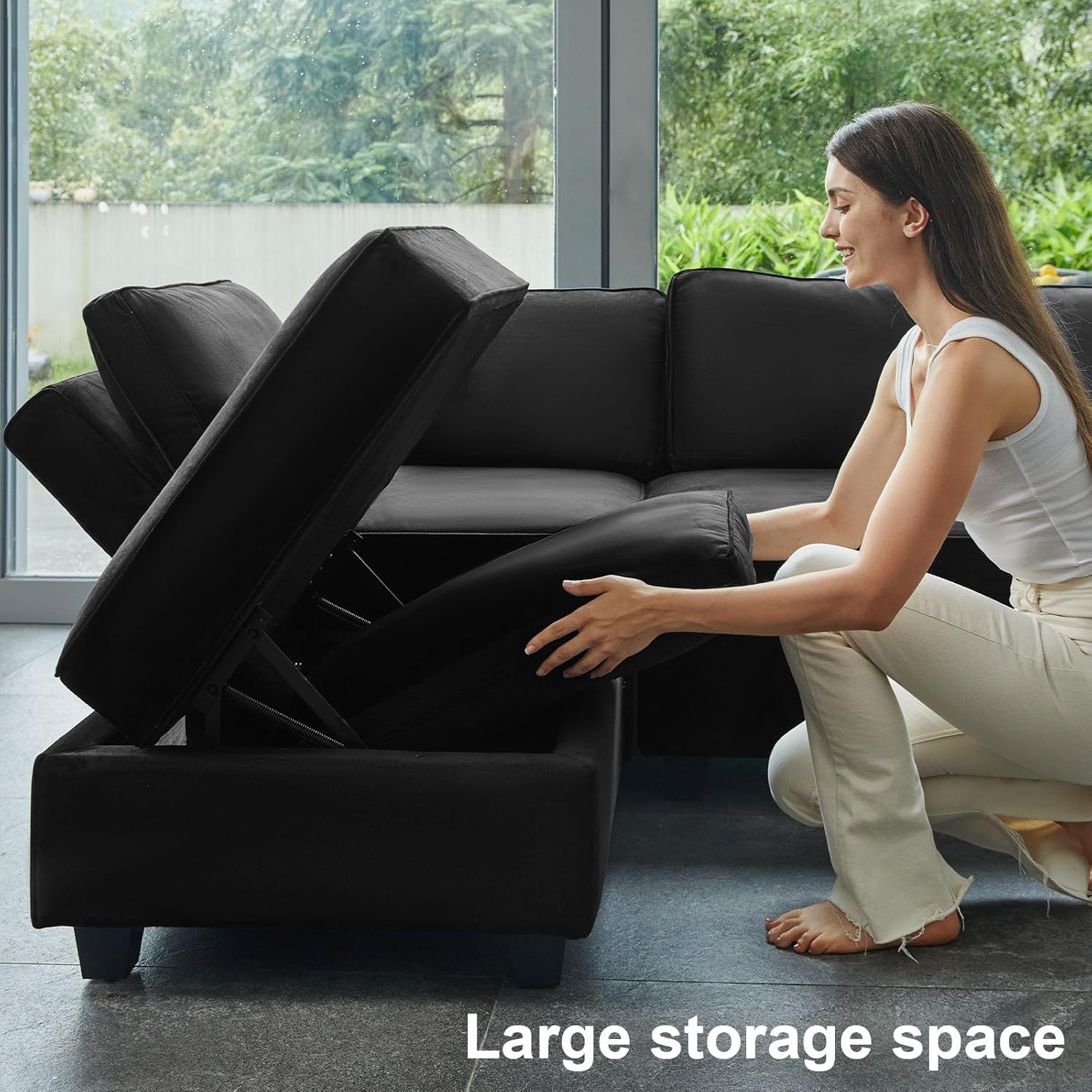 Belffin Sofá modular Módulo medio con almacenamiento Accent Silla sin brazos para sofá modular seccional terciopelo negro