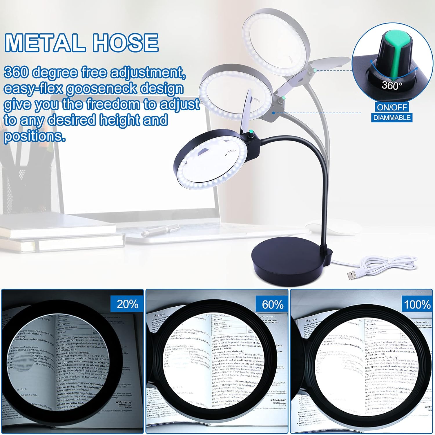 Lupa con luz y soporte, lámpara de escritorio con aumento de 10 x 20 x con brillo regulable sin escalones, cuello de cisne ajustable para leer,