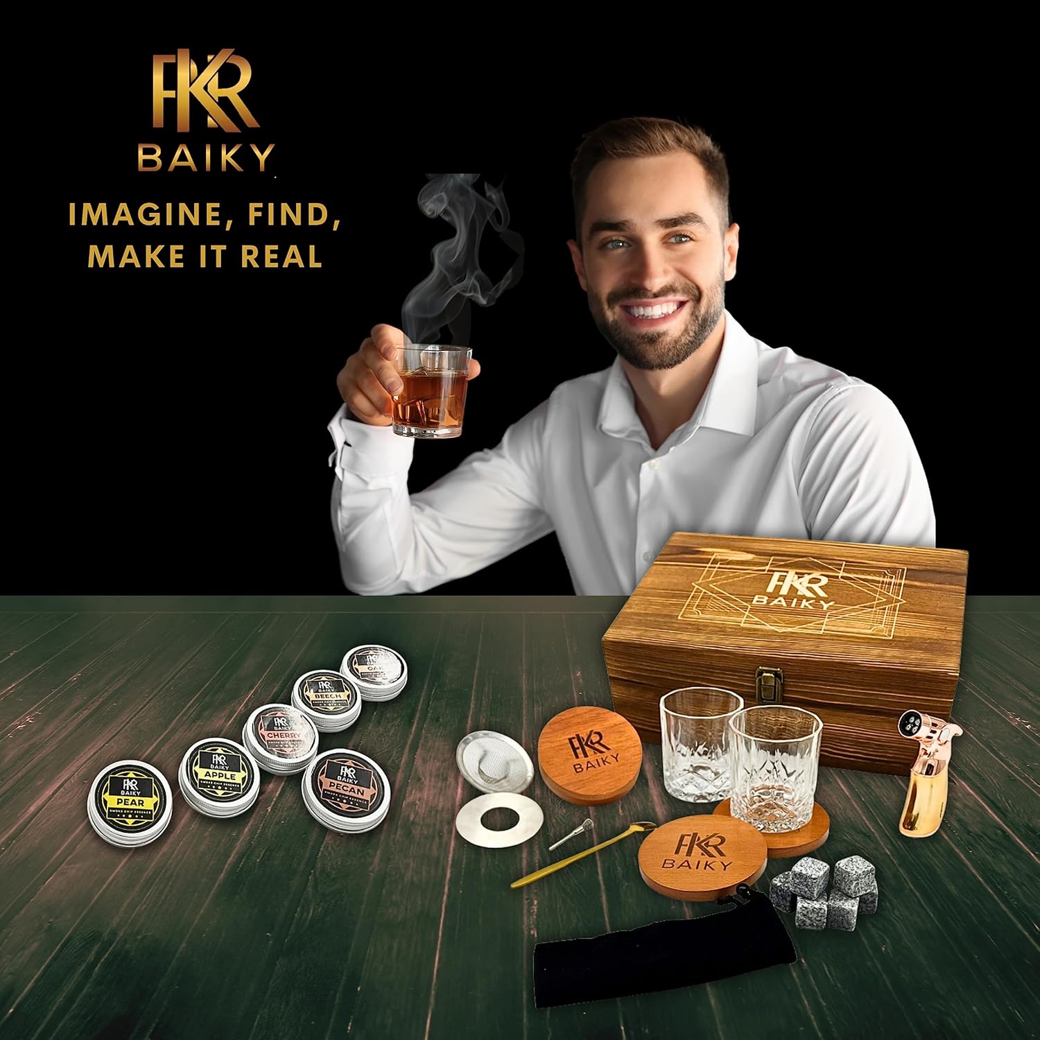 Kit de ahumador de cóctel con antorcha – Kit de ahumador antiguo – Gama de sabores – Versátil – 2 tazas de vidrio – 2 posavasos – Piedra de whisky –