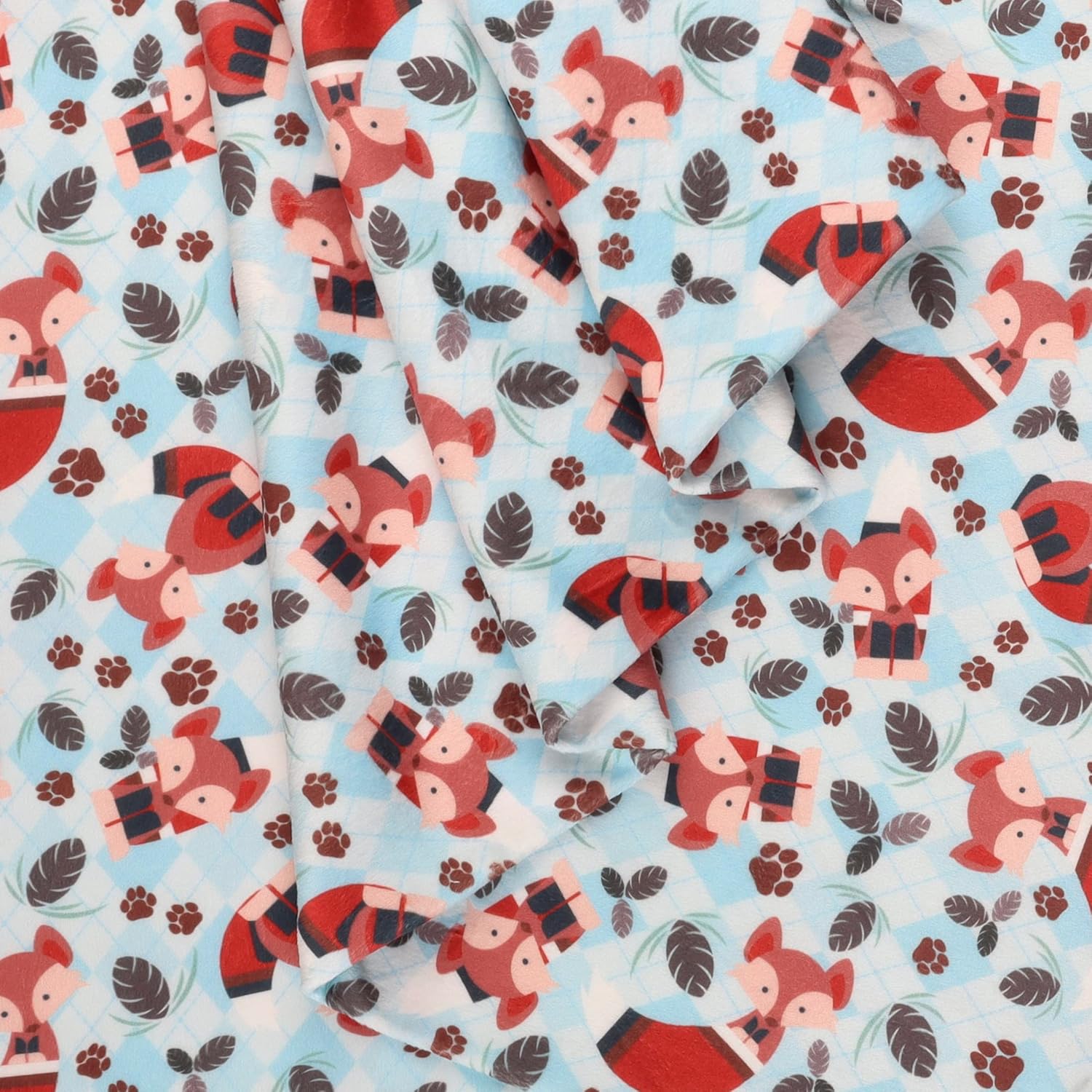 Mook Fabrics Stretch Minky Little Red Fox, Blue Cut by The Yard