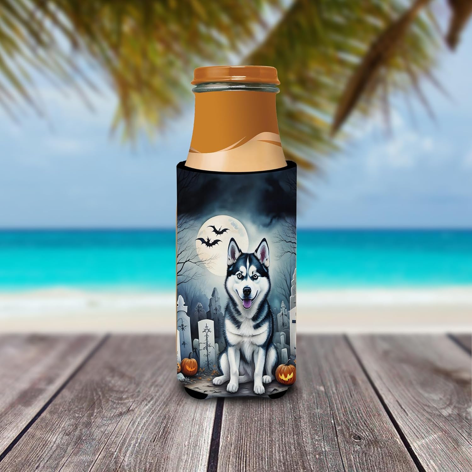 Caroline’s Treasures DAC2055MUK Siberian Husky Spooky Halloween Hugger for Ultra Slim Cans Can Cooler Sleeve Hugger Machine Washable Drink Sleeve