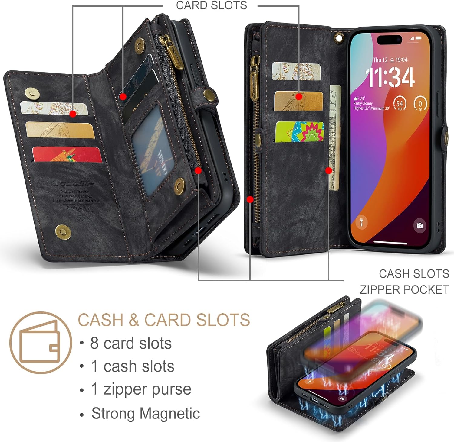 Kowauri Funda tipo cartera para iPhone 15 Pro Max, cartera de piel con cremallera, cartera de piel con tarjetero y correa para la muñeca,