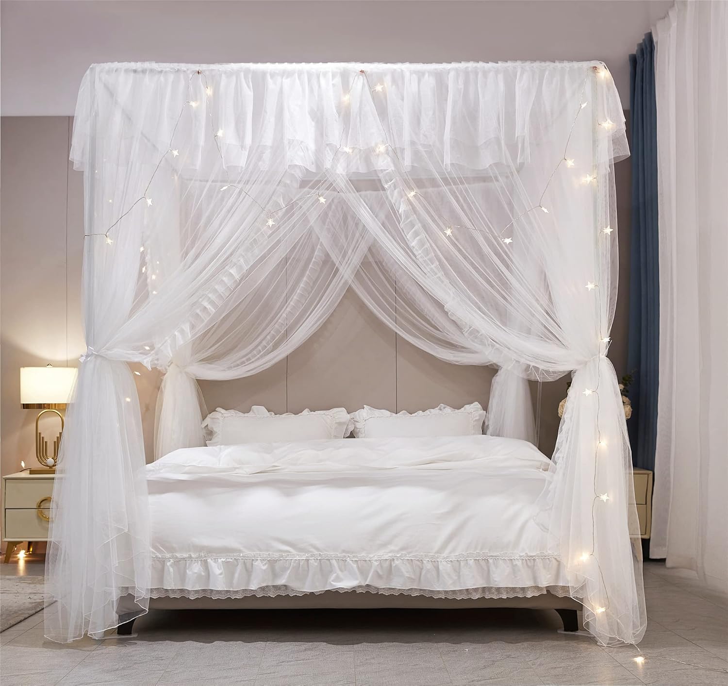 VETHIN Cortina de cama de princesa con volantes de 4 esquinas, doble capa, acogedora red mosquitera de 4 aperturas para niñas y adultos, decoración