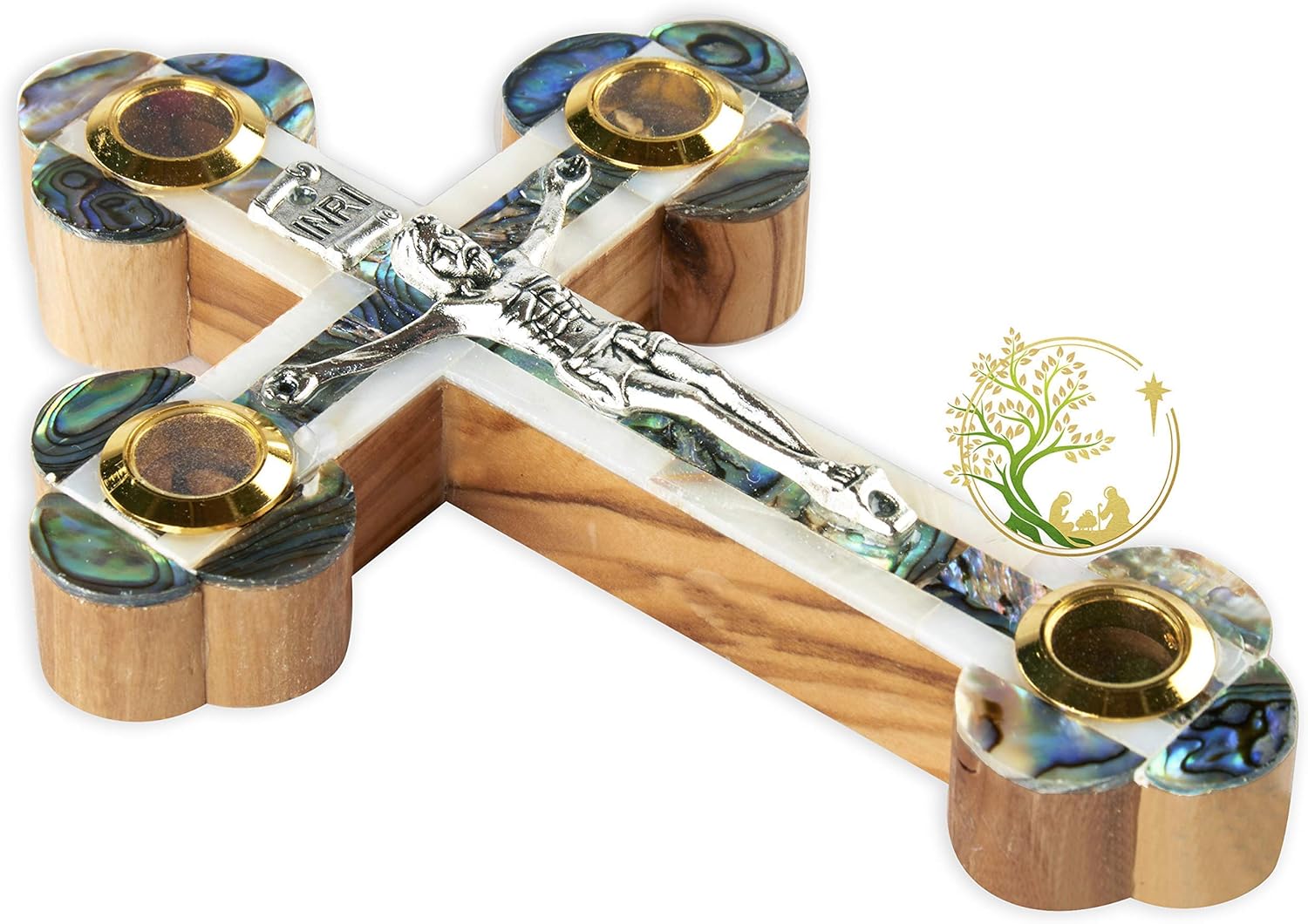 Cruz de madreperla católica de madera de olivo – Crucifijo de pared con reliquias de Tierra Santa