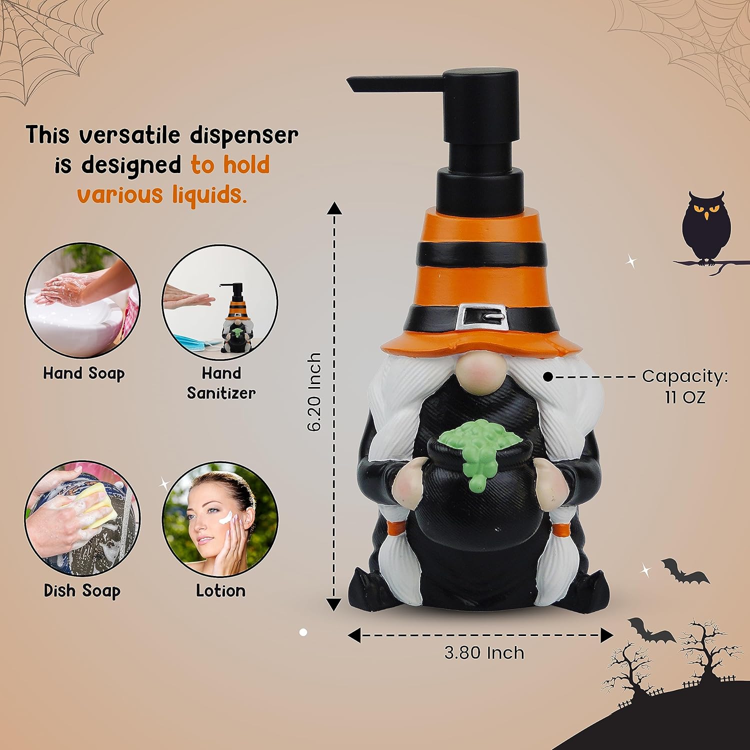 Dispensador de jabón de Halloween para encimera de cocina, fregadero de baño, 100% resina, para jabón de manos, jabón de platos, loción