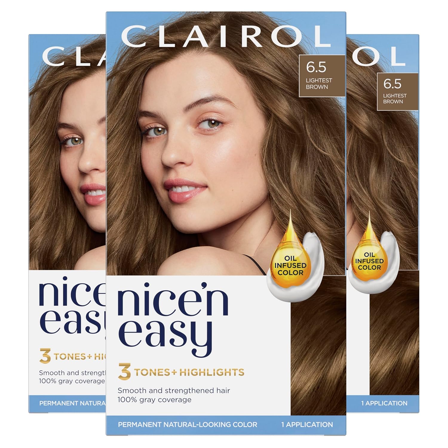 Clairol – Tinte permanente Nice’n Easy para el cabello, color castaño claro 6.5, paquete de 3 unidades