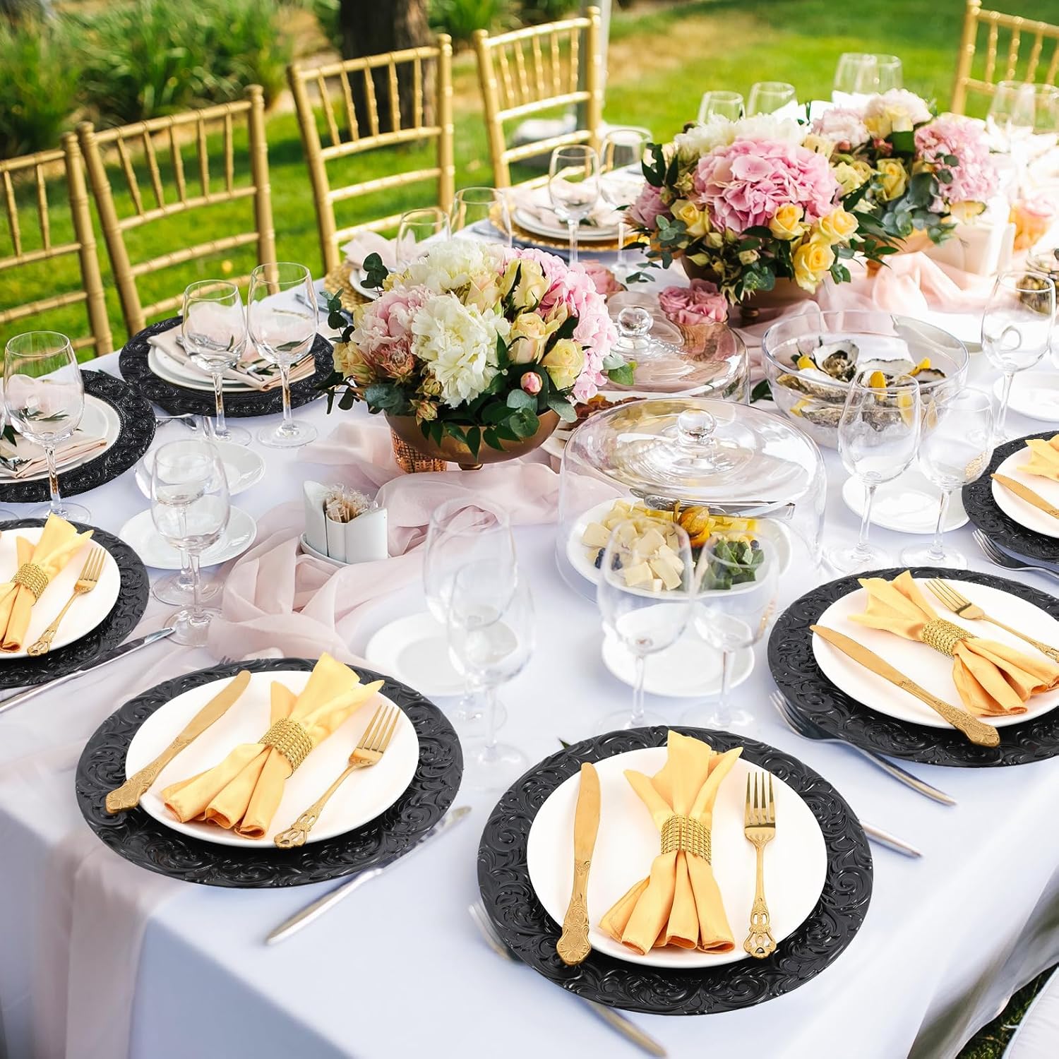 Zhehao 50 unidades de platos antiguos a granel de 13 pulgadas con borde en relieve de plástico, platos redondos decorativos para cenas, bodas,