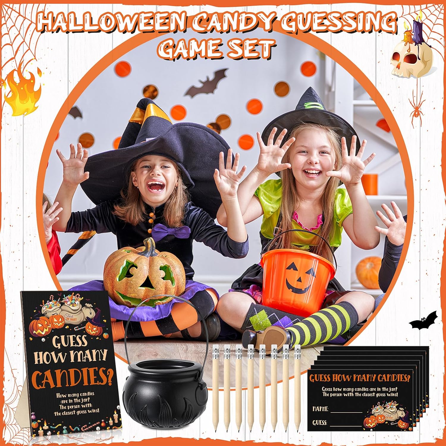 72 piezas de juegos de Halloween para baby shower, incluye 1 letrero de madera de adivinanzas de dulces, 50 tarjetas de adivinación, 20 lápices Hb y