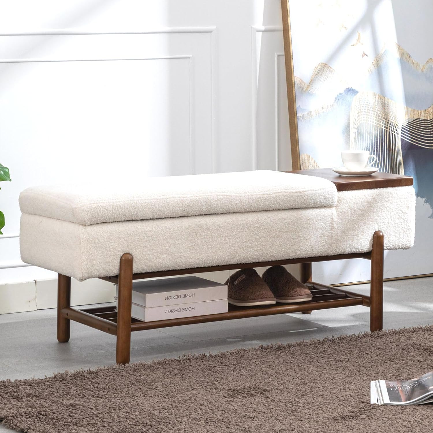 ROCITY Banco de sherpa beige para dormitorio, extremo de la cama, banco otomano de almacenamiento tapizado, banco de almacenamiento moderno con