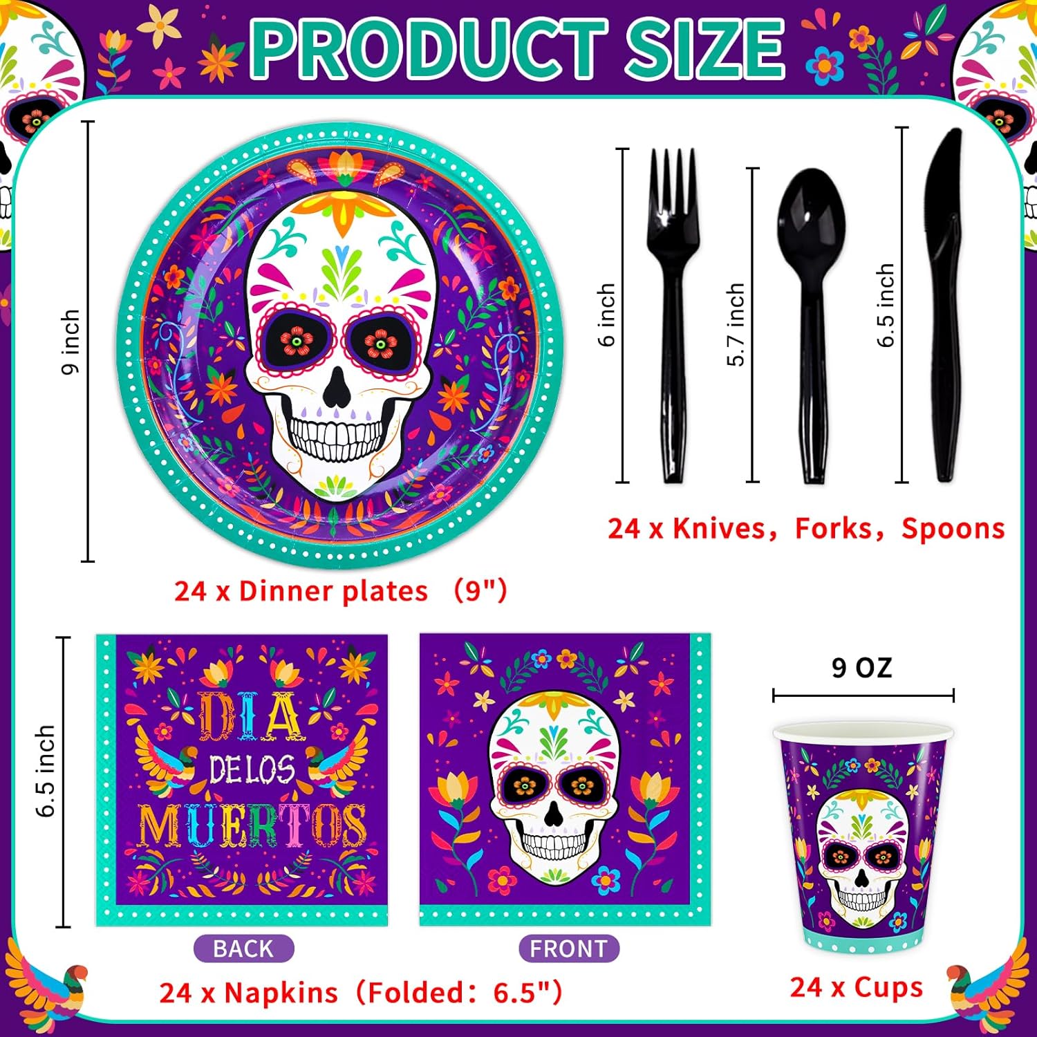 DYLIVeS Suministros para fiesta del Día de los Muertos, platos y servilletas del Día de los Muertos, cubertería y calavera de azúcar, vajilla