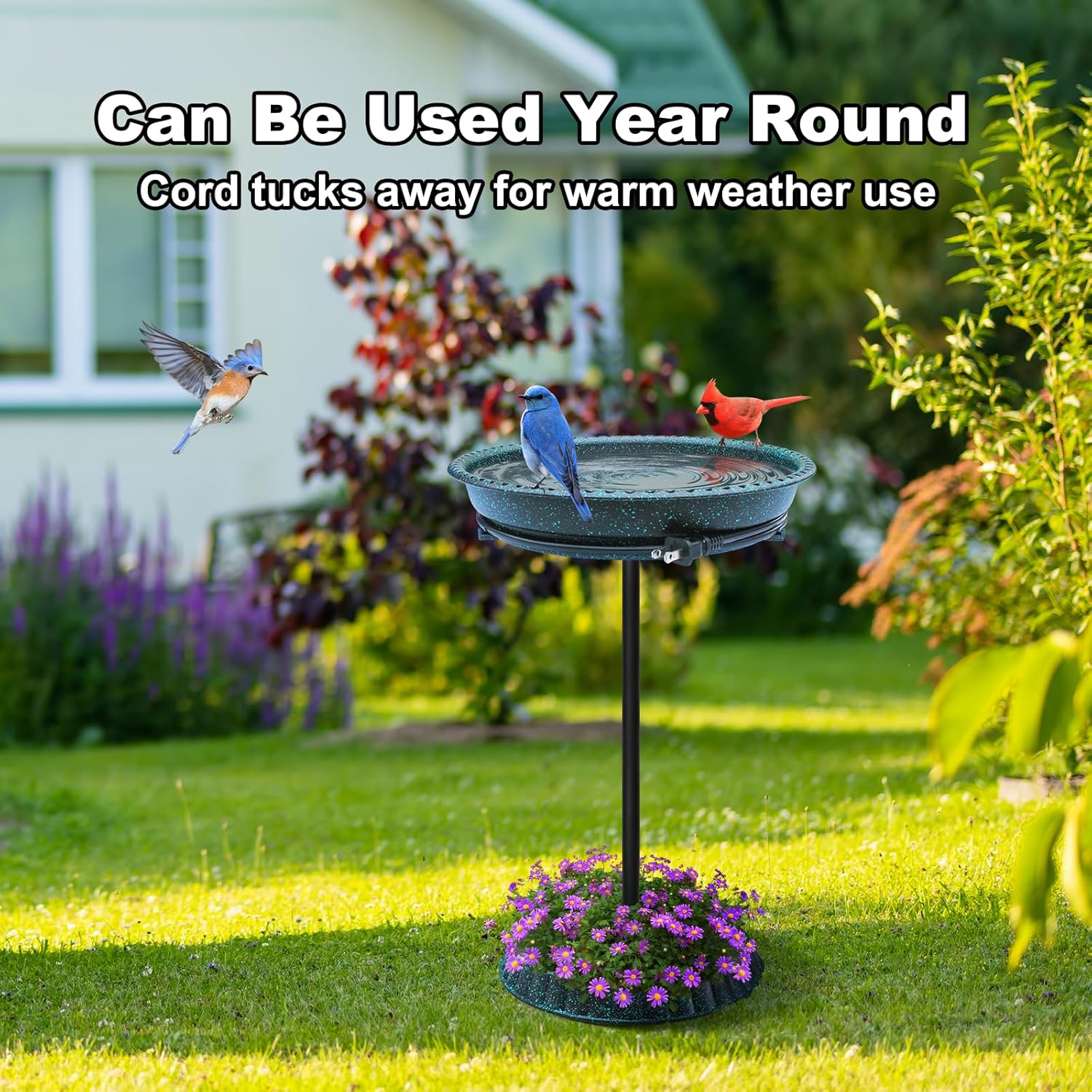 Bañera para pájaros climatizada, 75 W, control termostático, ligera, pedestal con estaca de metal, baños para pájaros calentados para exteriores,
