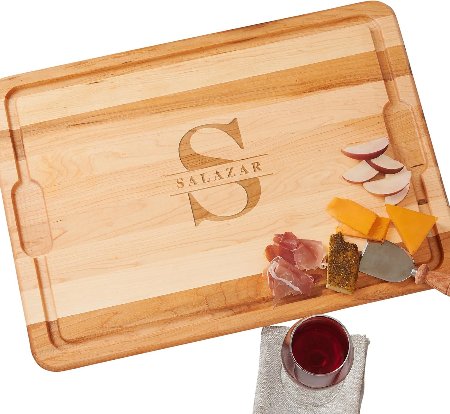 Personalization Universe Lavish – Tabla de cortar de madera dura personalizada con apellido, con pozo de jugo y asas de agarre, ideal para tablas de