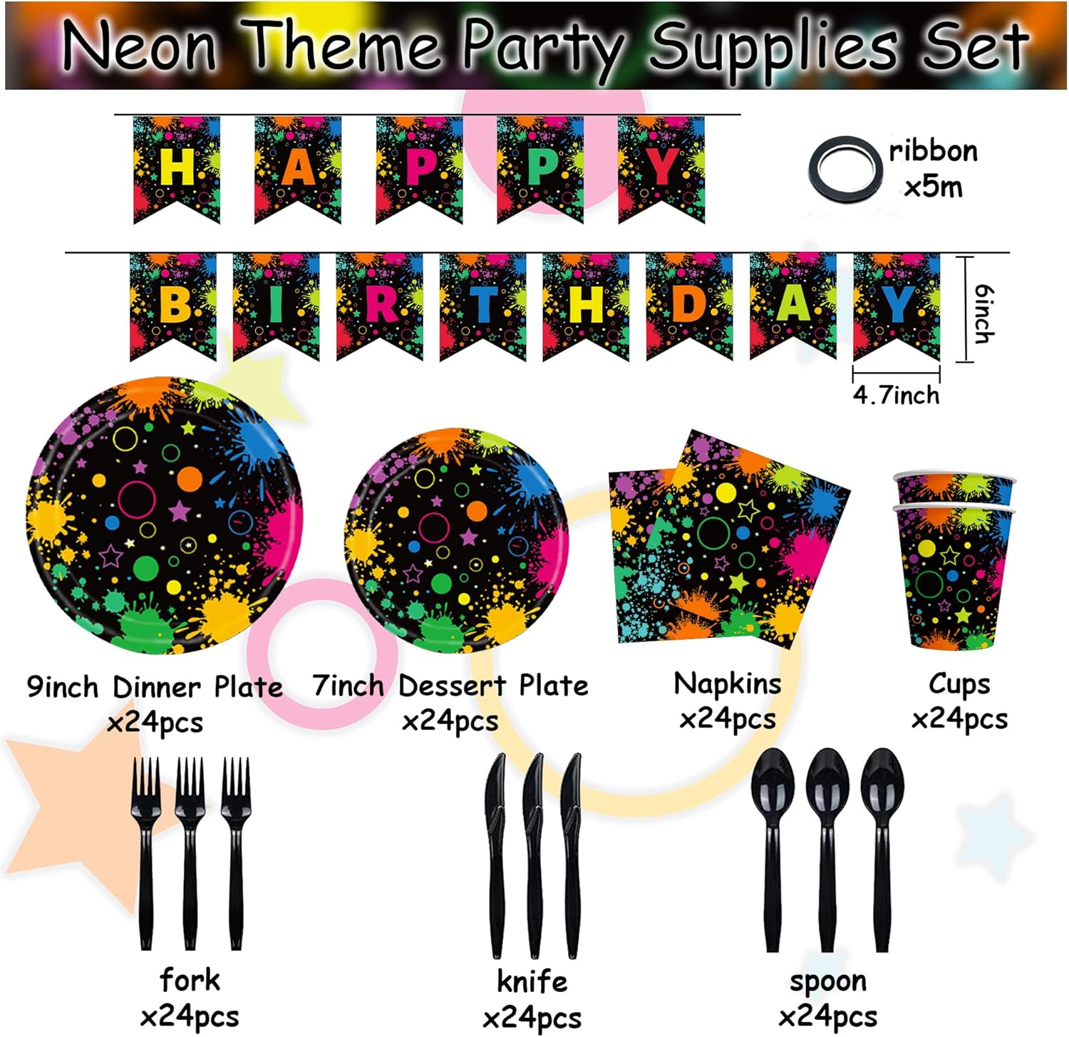 Suministros de fiesta de neón que brillan en la oscuridad, manteles de neón para fiestas, vajilla de fiesta brillante, vasos, platos y servilletas,