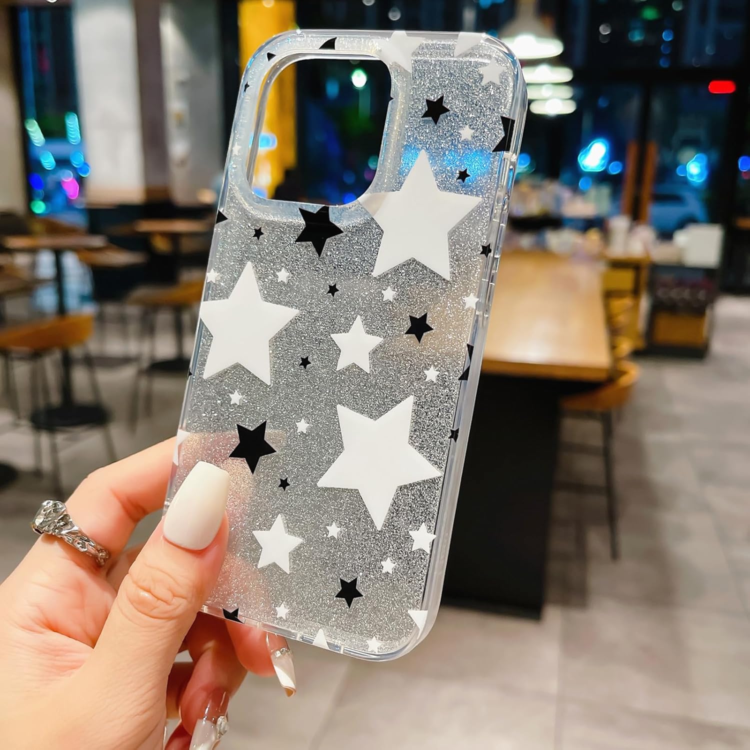 HYUEKOKO Funda compatible con iPhone 15 Pro con purpurina blanca y negra con estrellas para mujeres y niñas, funda delgada y dura para iPhone 15 Pro