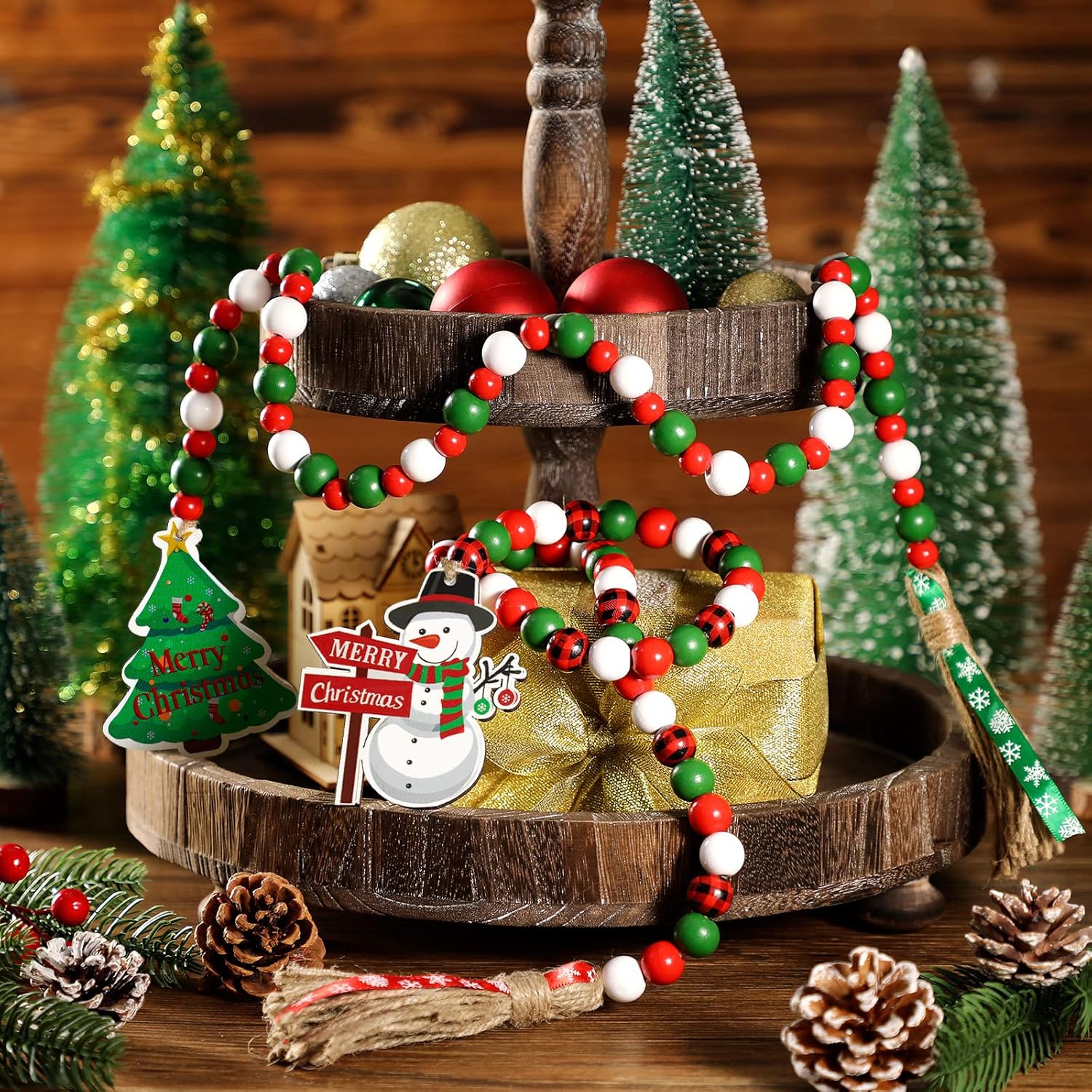 Guirnalda de cuentas de madera de Navidad con borlas, decorada con adorno para árbol de Navidad, 2 piezas de guirnalda de cuentas de madera, adornos