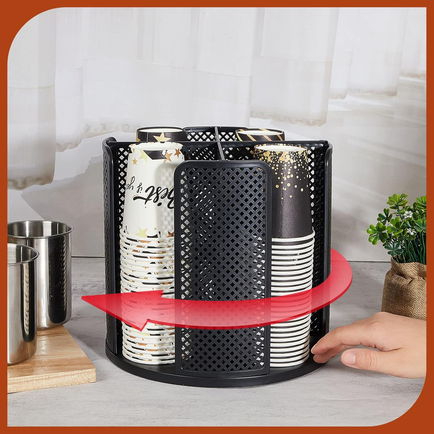 Hoolerry 2 dispensadores de tazas de café desechables giratorios de 360 grados para tazas de papel y tapa de plástico con 4 compartimentos,