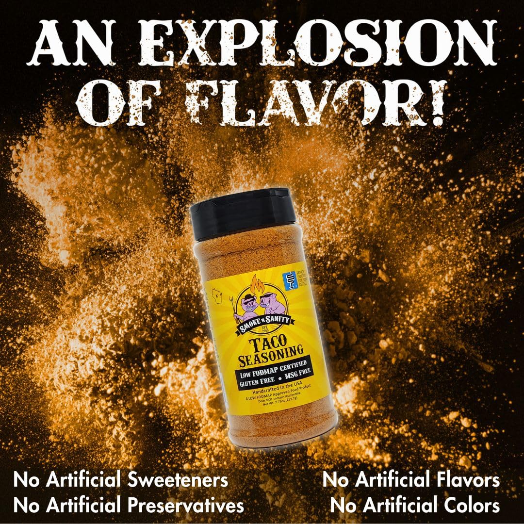 Smoke n Sanity Condimento para tacos  Certificado Monash bajo FODMAP  Sin gluten  Certificado Kosher  Sin lácteos (agitador de 3.75 onzas)