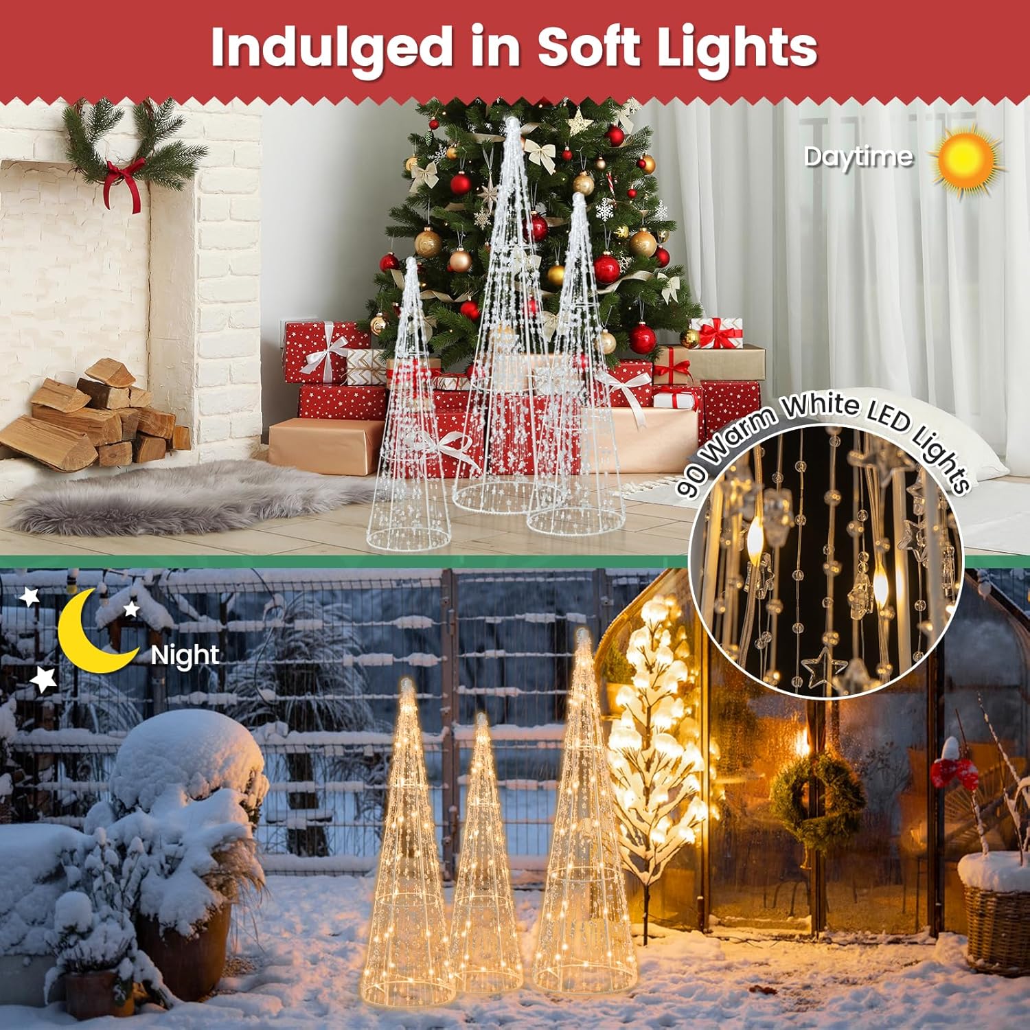 Tangkula Juego de 3 árboles de cono de Navidad iluminados, juego de árbol cónico decorativo de Navidad con cuerdas de estrellas, 90 luces LED