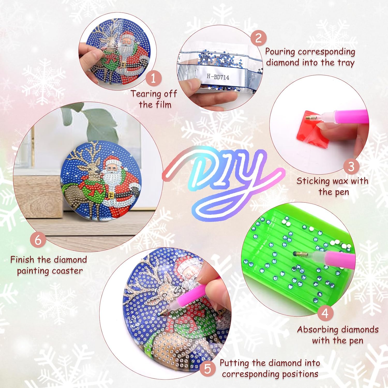 Juego de 6 posavasos de arte de diamantes de Navidad, posavasos de pintura de diamantes de Navidad con soporte 5D para principiantes, adultos y niños