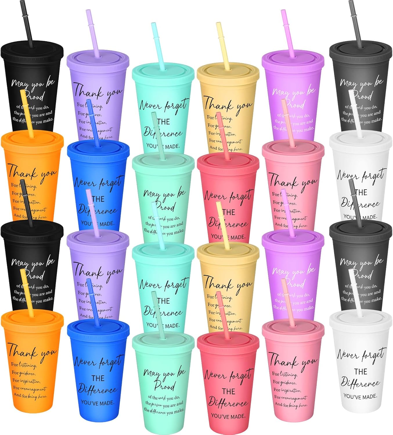 Mumufy 24 vasos delgados de agradecimiento a los empleados de 16 onzas con tapas, vasos acrílicos coloridos con pajitas, vasos de plástico a granel