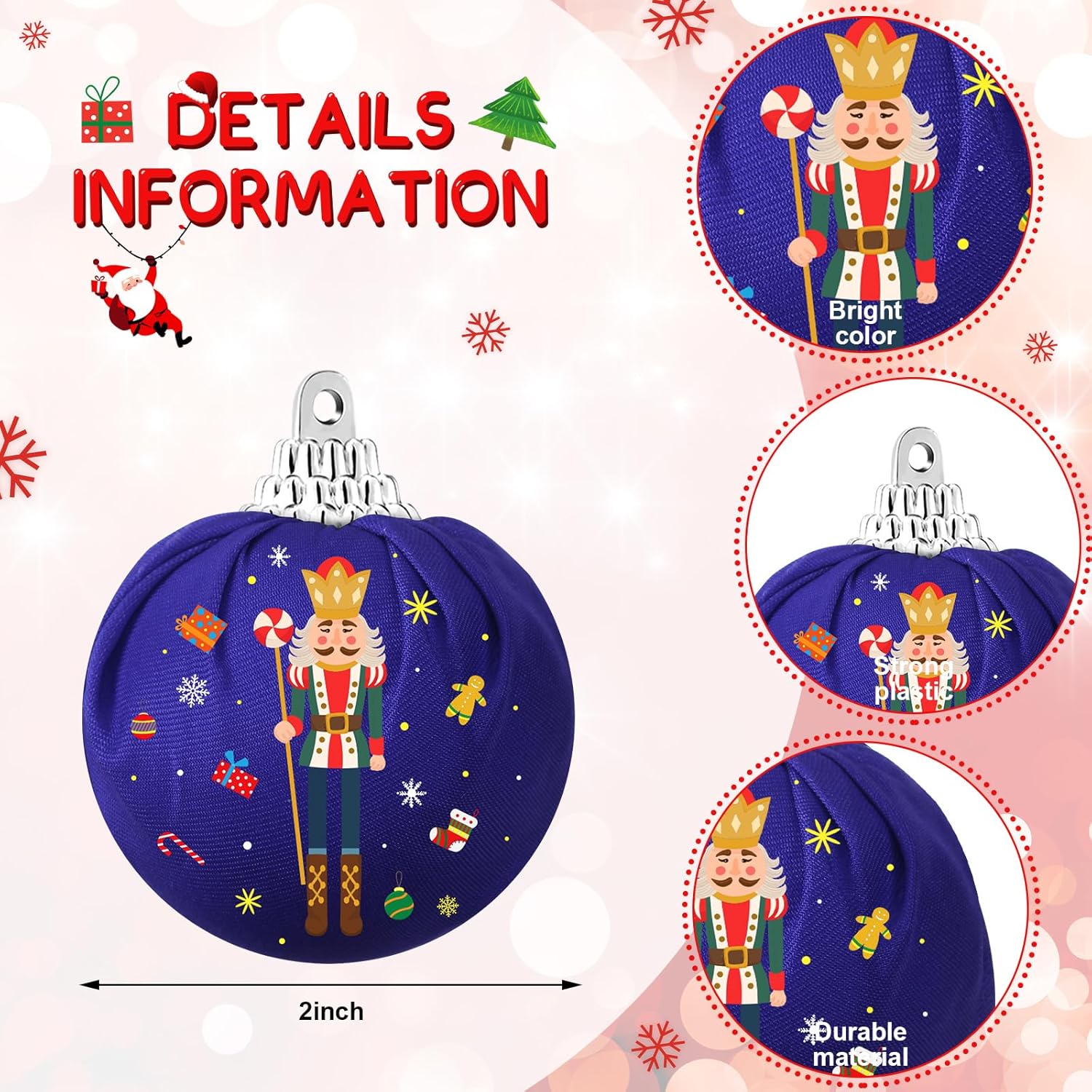 12 piezas de adornos de bola de cascanueces de Navidad, diseño de cascanueces, adorno de bola colgante de tela envuelta, juego de bolas de Navidad
