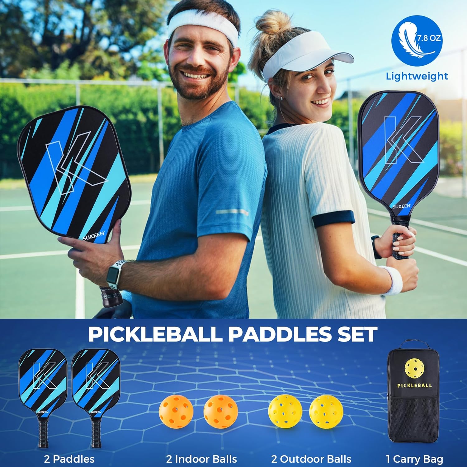 Sukeen Paletas de pickleball, juego de 2 piezas de pickleball de fibra de vidrio, núcleo de nido de abeja de polipropileno, agarre acolchado, juego