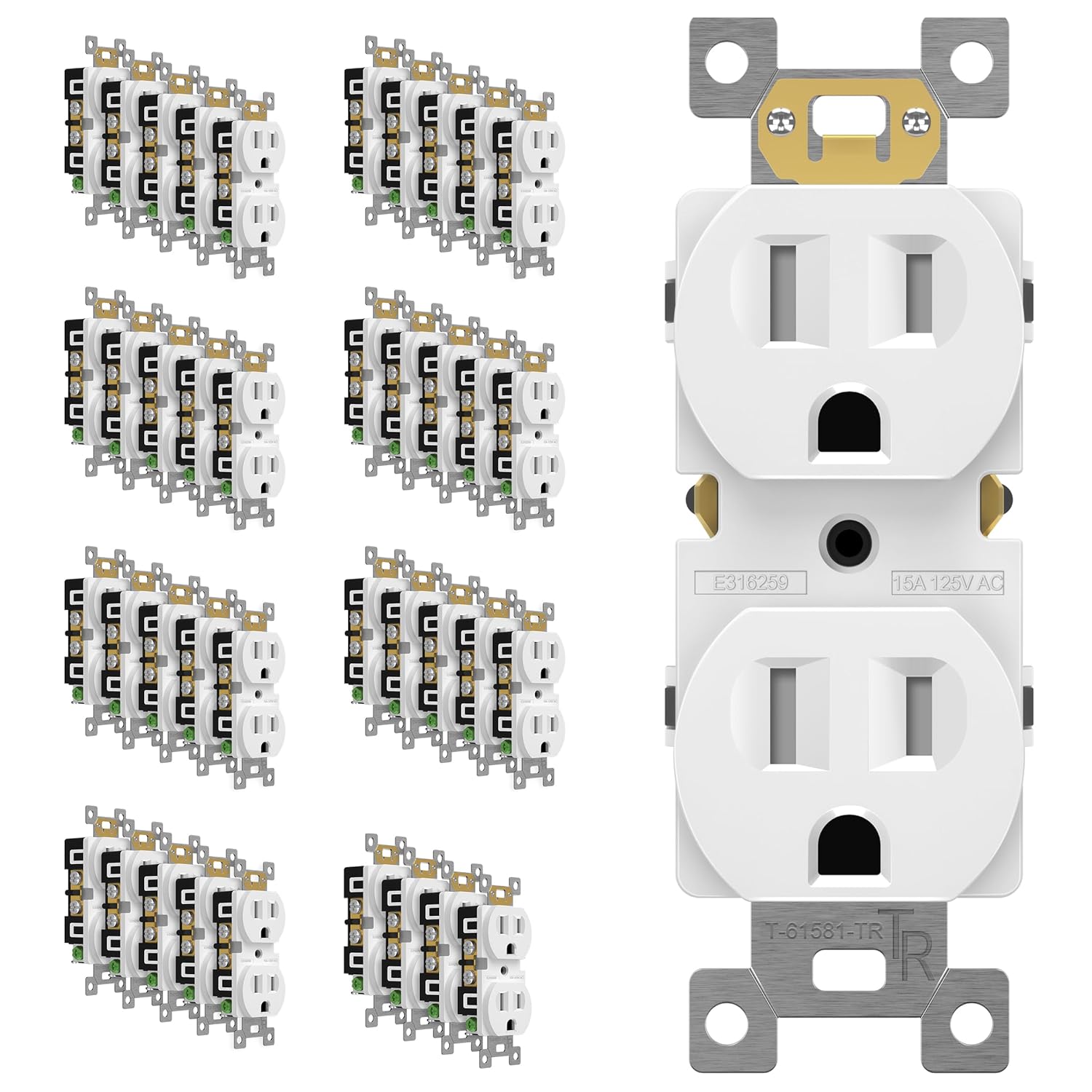 ENERLITES Toma de corriente dúplex, tomas de pared eléctricas resistentes a manipulaciones, grado residencial, 3 cables, conexión a tierra, 2 polos,