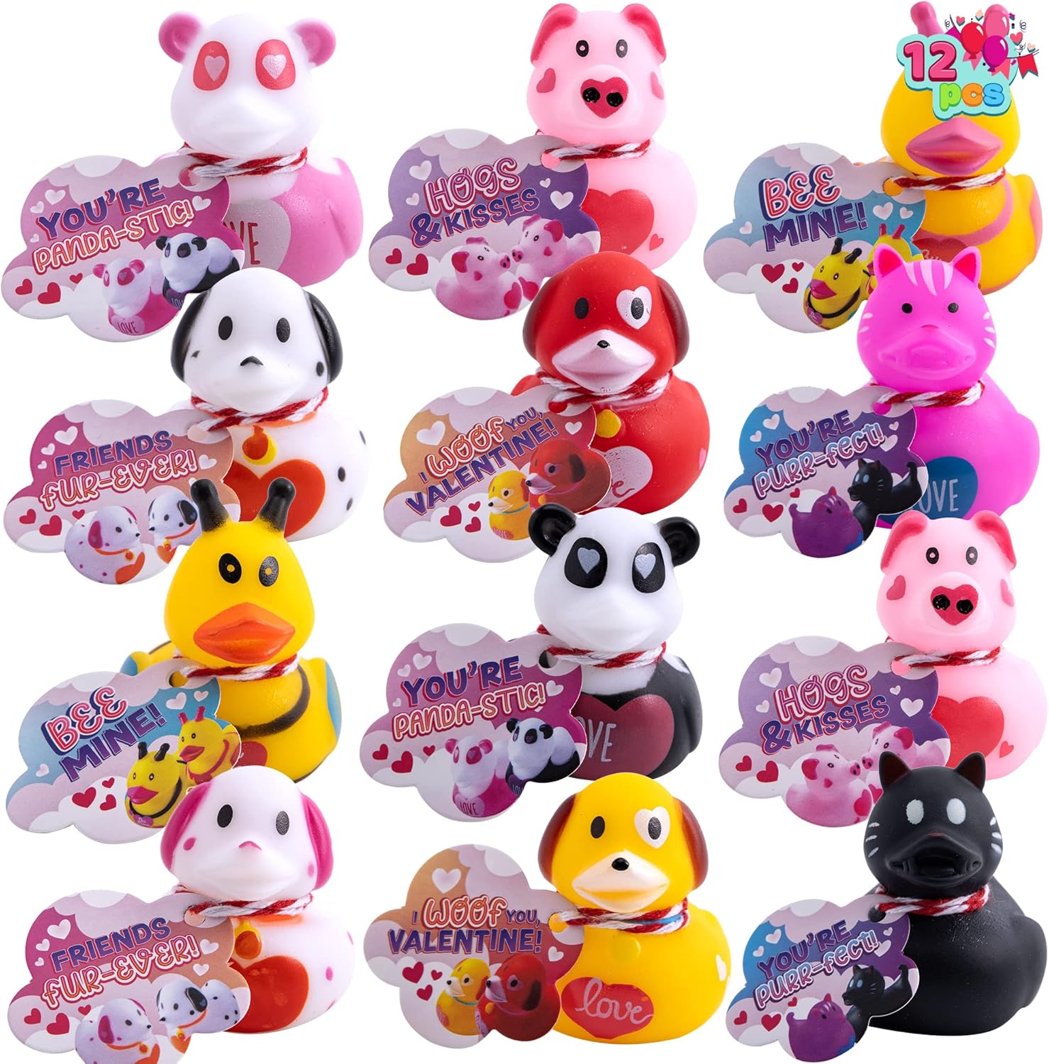 JOYIN 12 patos de goma surtidos para el día de San Valentín en diferentes formas de animales para divertirse en el baño, patos chirriantes, premios