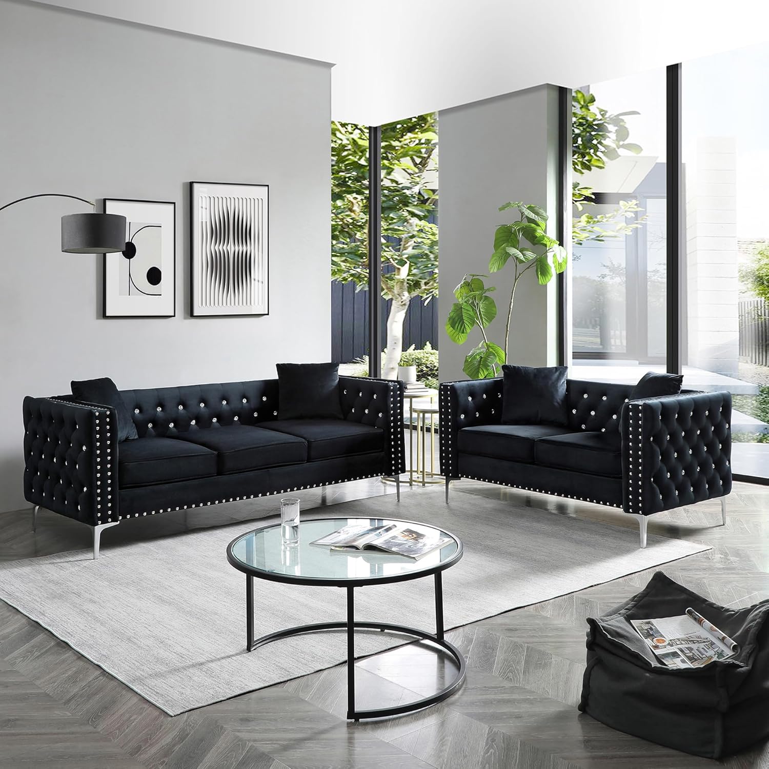Fulocseny Sofá biplaza tapizado de terciopelo, sofá de 59.4 pulgadas con botones joyas y brazos cuadrados, moderno botón y patas de metal, sofá con